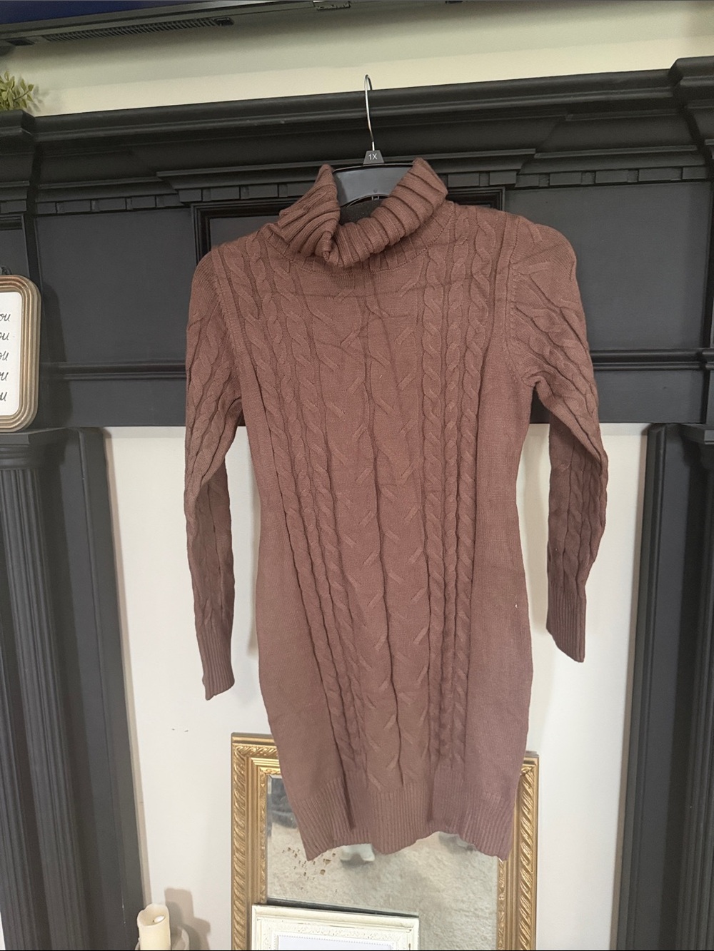 Cable Knit Turtleneck Sweater Dress - Brown